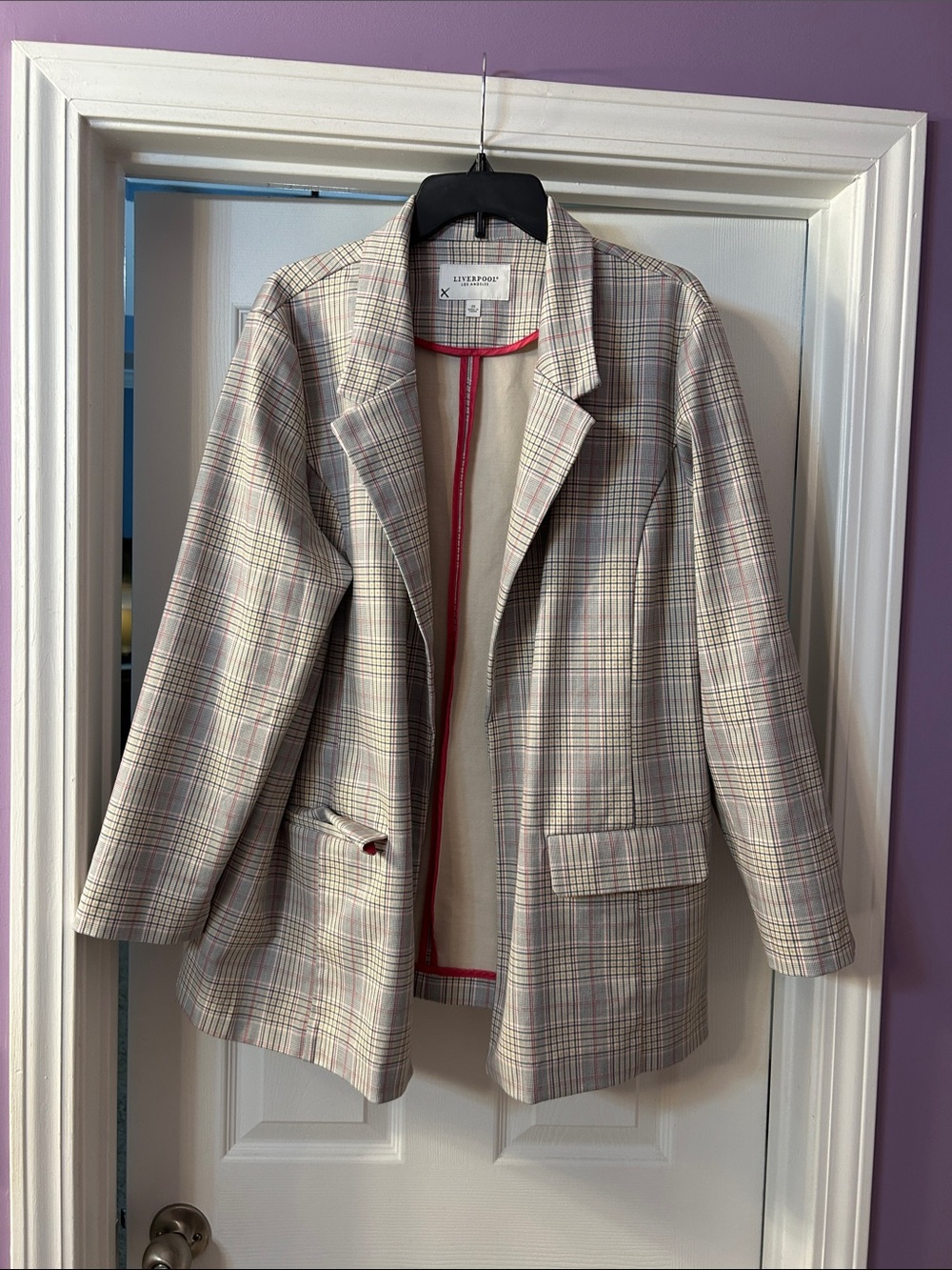 Liverpool Plaid Blazer in Cream with Pink Trim